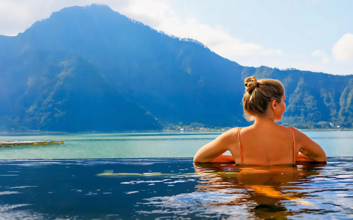 Relaxing at Batur Natural Hot Spring during a Batur Tour in Bali