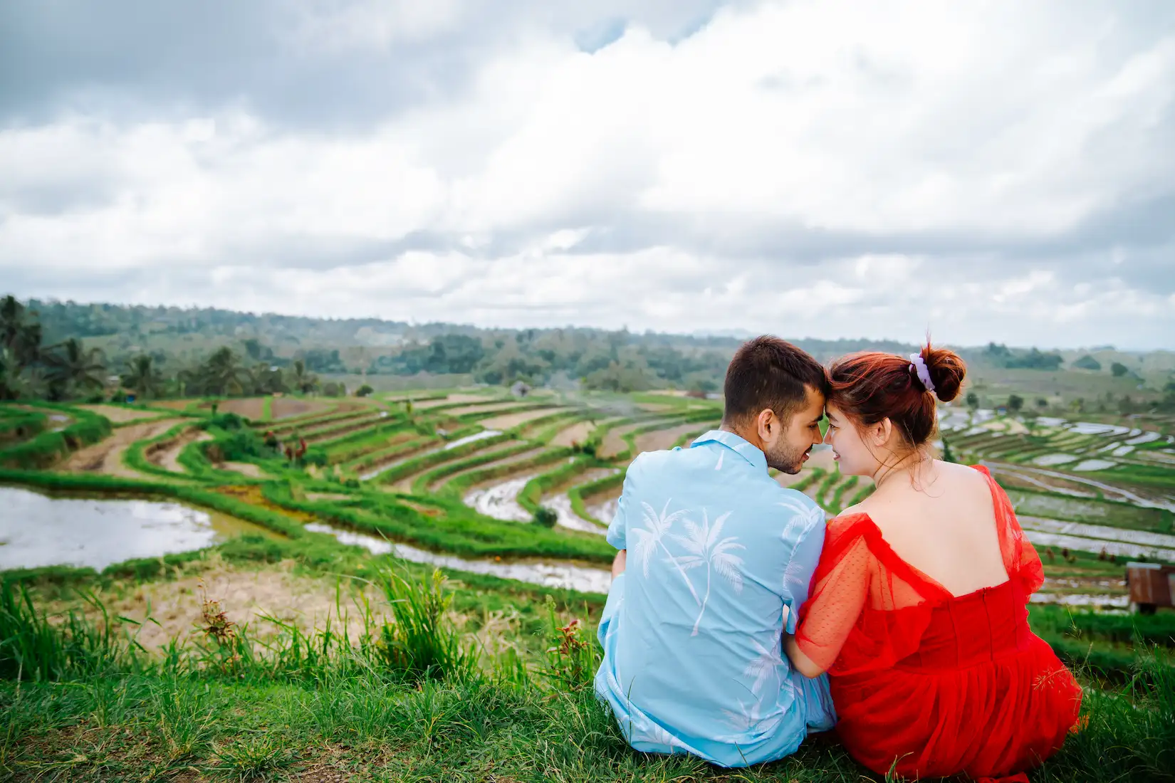 Couple enjoying panoramic views at Jatiluwih Rice Terraces, UNESCO World Heritage site on the Bali UNESCO Tour