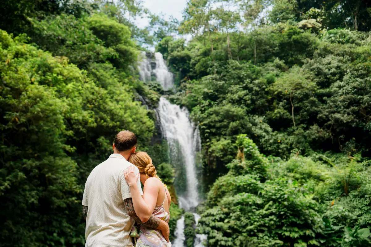 Couple enjoying Banyumala Waterfall on North Bali Tour