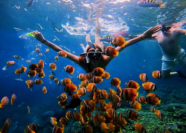 Snorkeling at Nusa Penida with clear blue water and colorful coral reefs – Aventuria Bali Private Tour